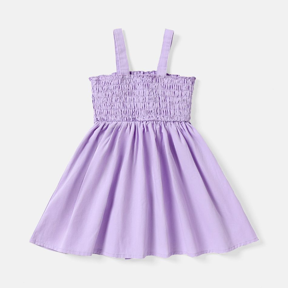 Toddler Girl 100% Cotton Solid Color Bowknot Design Smocked Slip Dress Light Purple big image 2