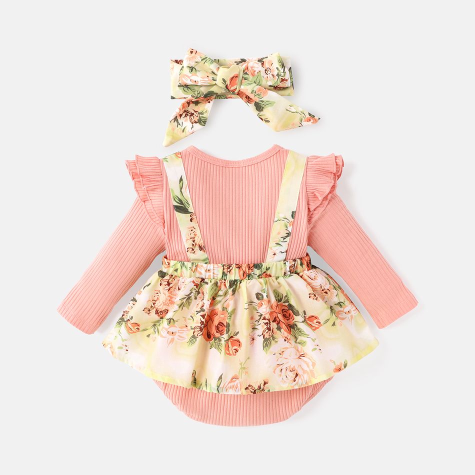 2pcs Baby Girl Floral Print & Solid Ribbed Bow Front Ruffle Long-sleeve Romper & Headband Set Pink big image 2