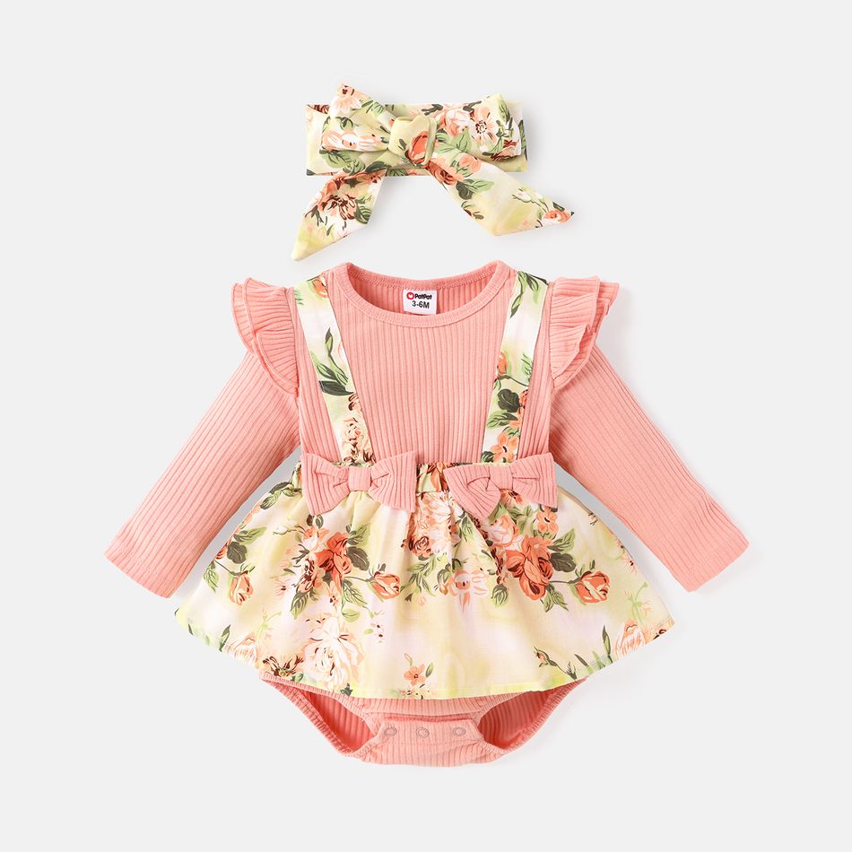 2pcs Baby Girl Floral Print & Solid Ribbed Bow Front Ruffle Long-sleeve Romper & Headband Set Pink big image 1