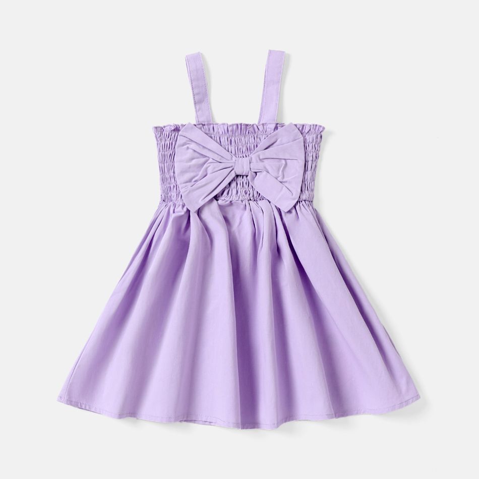 Toddler Girl 100% Cotton Solid Color Bowknot Design Smocked Slip Dress Light Purple