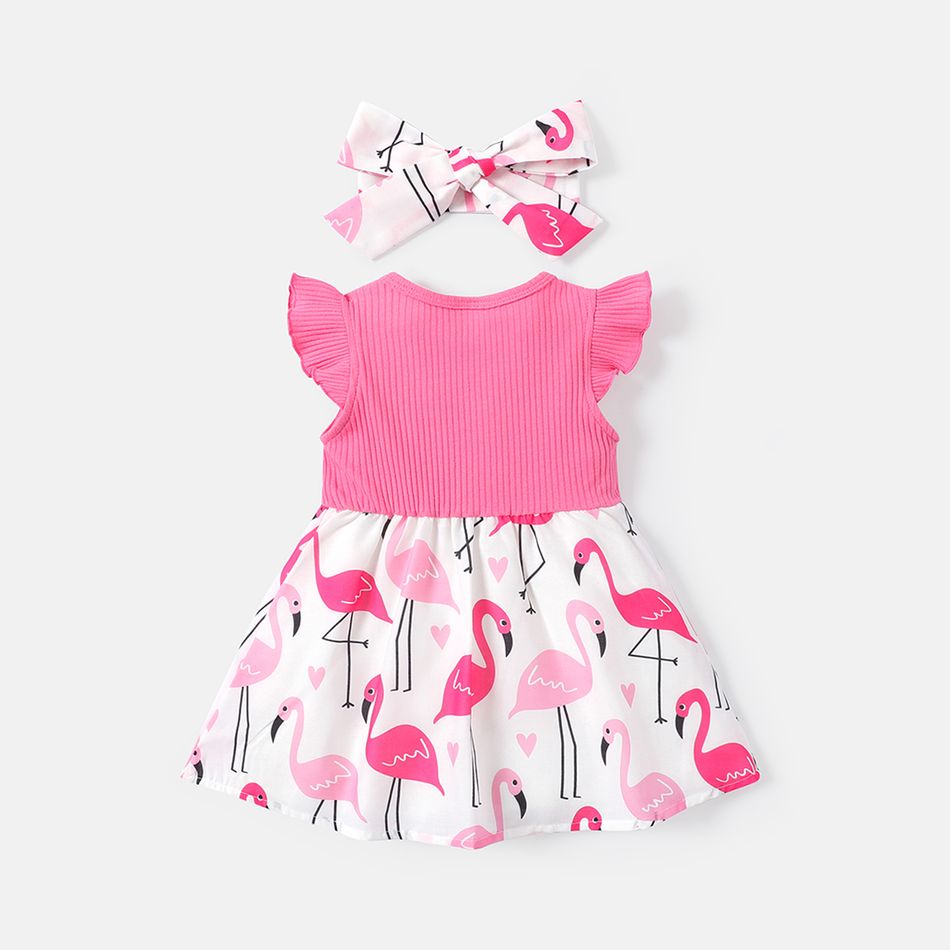 2pcs Baby Girl Bow Front Allover Flamingo Print & Solid Spliced Flutter-sleeve Dress & Headband Set Roseo big image 2