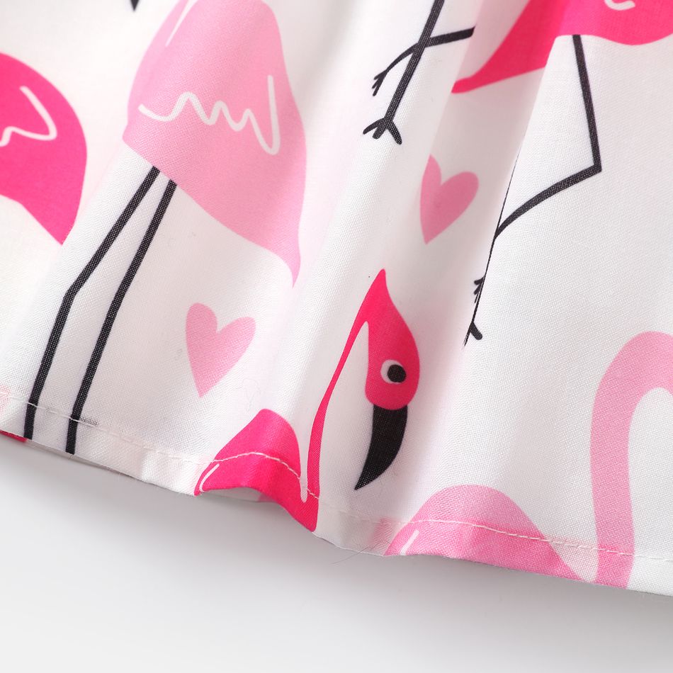 2pcs Baby Girl Bow Front Allover Flamingo Print & Solid Spliced Flutter-sleeve Dress & Headband Set Roseo