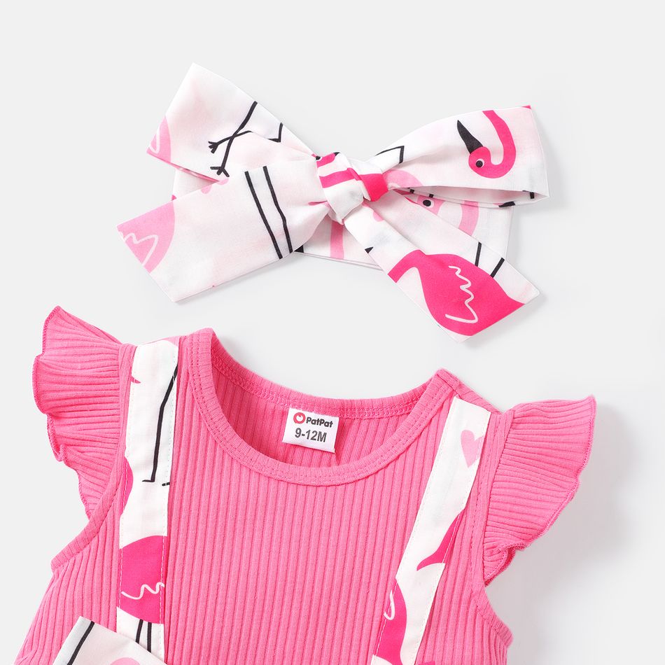 2pcs Baby Girl Bow Front Allover Flamingo Print & Solid Spliced Flutter-sleeve Dress & Headband Set Roseo big image 3