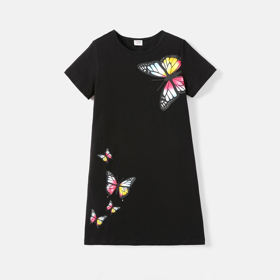 Kid Girl Butterfly Print Cotton Short-sleeve Tee Dress Black big image 1