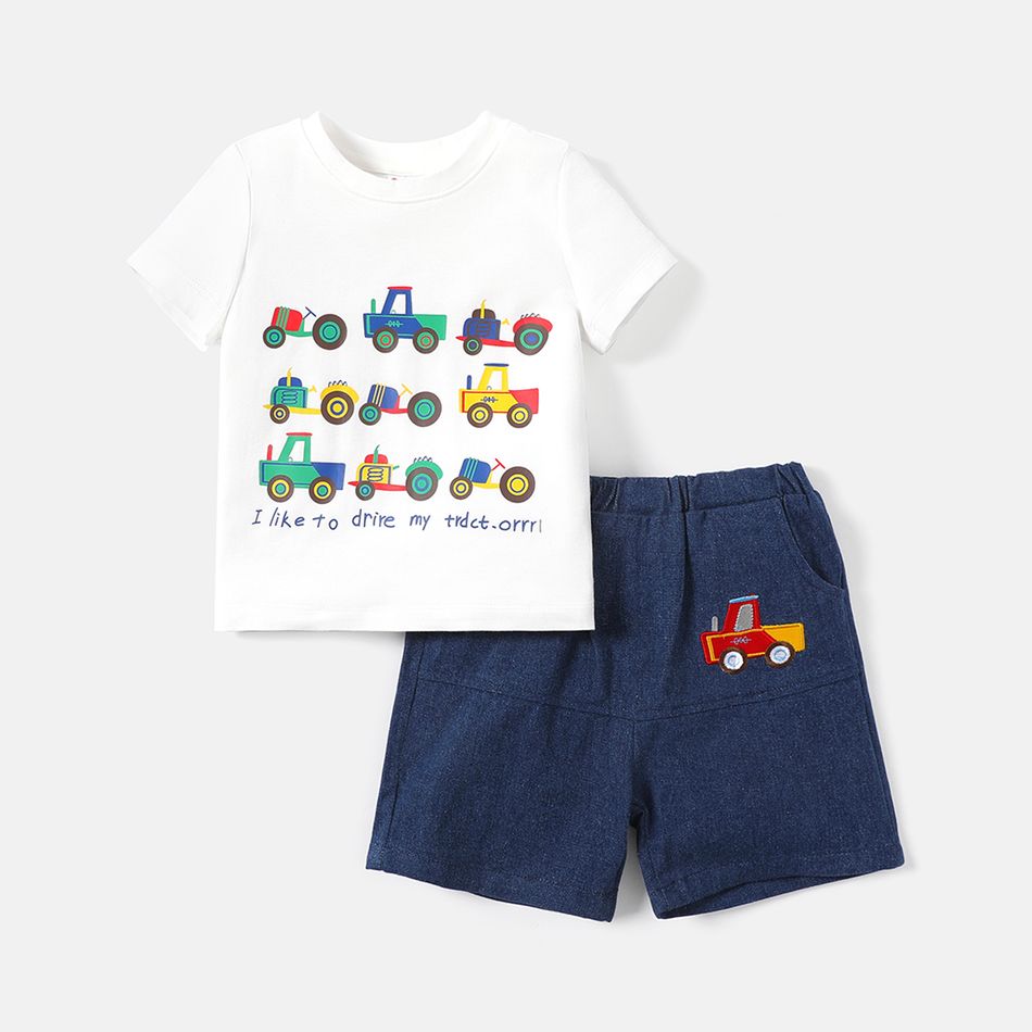 2pcs Toddler Boy Vehicle Print Short-sleeve Cotton Tee and Denim Shorts Set White big image 1