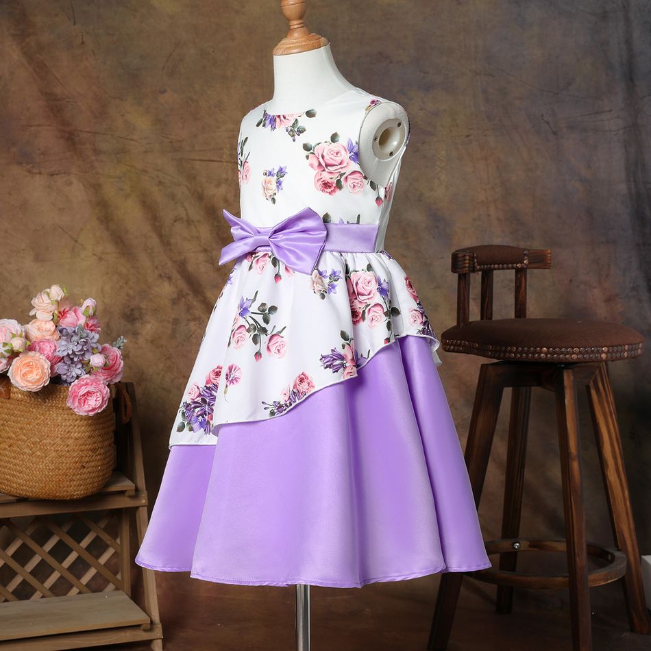 Kid Girl Floral Print 3D Bowknot Design Splice Sleeveless Evening Party Dress Purple big image 3
