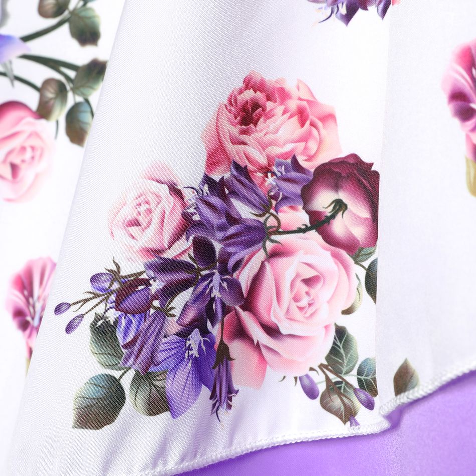 Kid Girl Floral Print 3D Bowknot Design Splice Sleeveless Evening Party Dress Purple