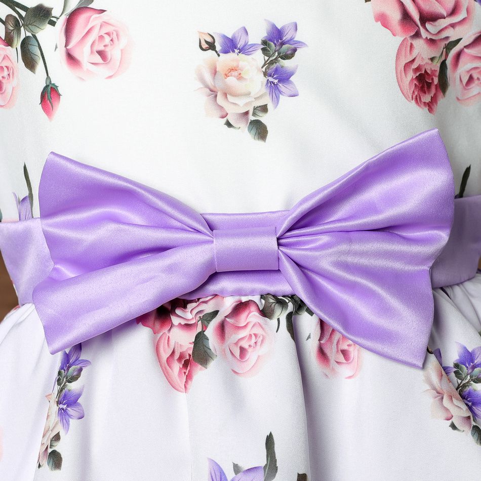 Kid Girl Floral Print 3D Bowknot Design Splice Sleeveless Evening Party Dress Purple big image 4