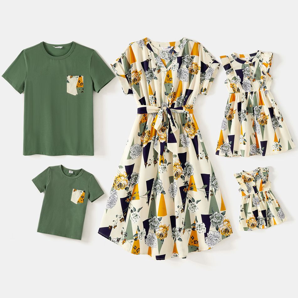 Family Matching Cotton T-shirts and Allover Geo & Floral Print Short-sleeve Dresses Sets AquaGreen