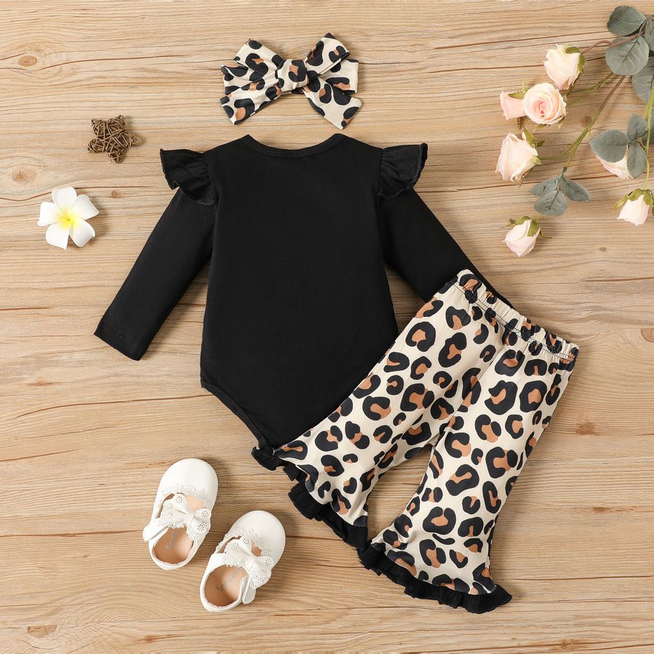 3pcs Baby Girl 95% Cotton Long-sleeve Letter Graphic Romper and Ruffle Trim Leopard Print Flared Pants & Headband Set Black big image 2