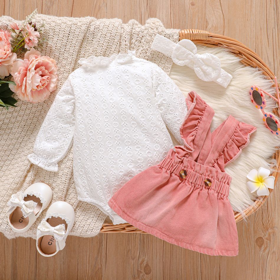 100% Cotton 3pcs Baby Girl Lace Frill Neck Long-sleeve Romper and Ruffle Trim Denim Suspender Skirt with Headband Set Pink big image 2