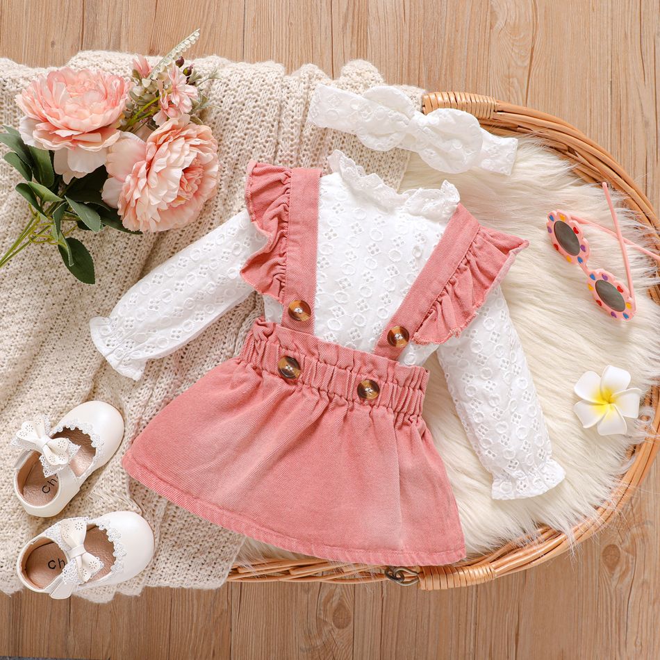100% Cotton 3pcs Baby Girl Lace Frill Neck Long-sleeve Romper and Ruffle Trim Denim Suspender Skirt with Headband Set Pink