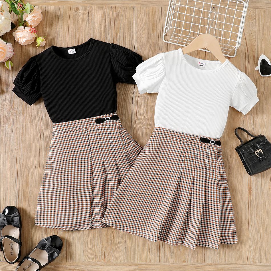 2pcs Kid Girl Ribbed Short-sleeve Tee and Plaid Pleated Skirt Set Beige big image 2