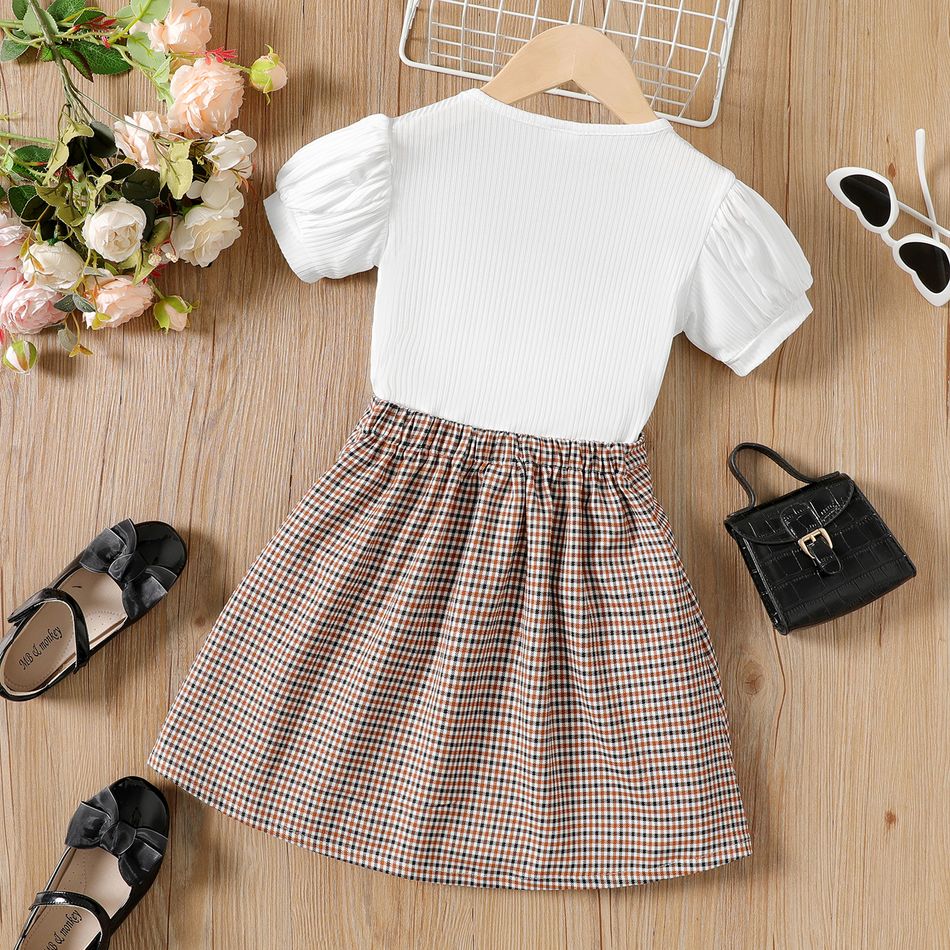 2pcs Kid Girl Ribbed Short-sleeve Tee and Plaid Pleated Skirt Set Beige big image 3
