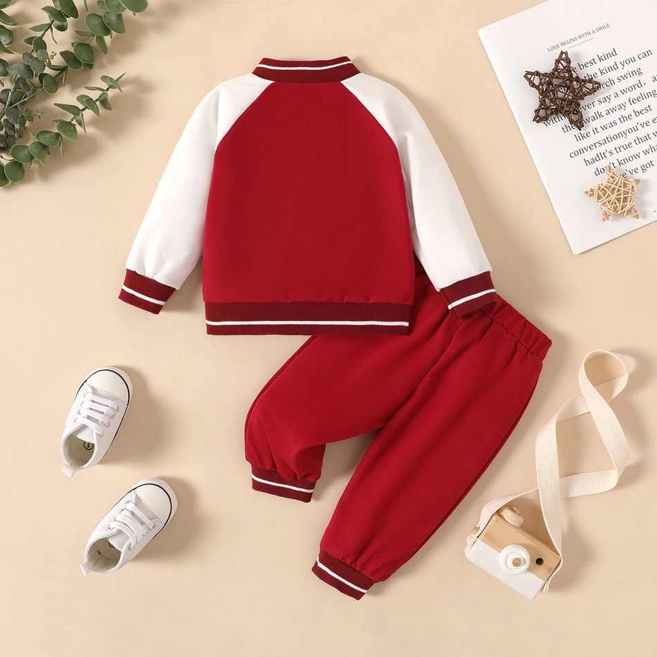 2pcs Baby Boy/Girl Colorblock Raglan Sleeve Sweatshirt & Sweatpants Set Burgundy big image 2