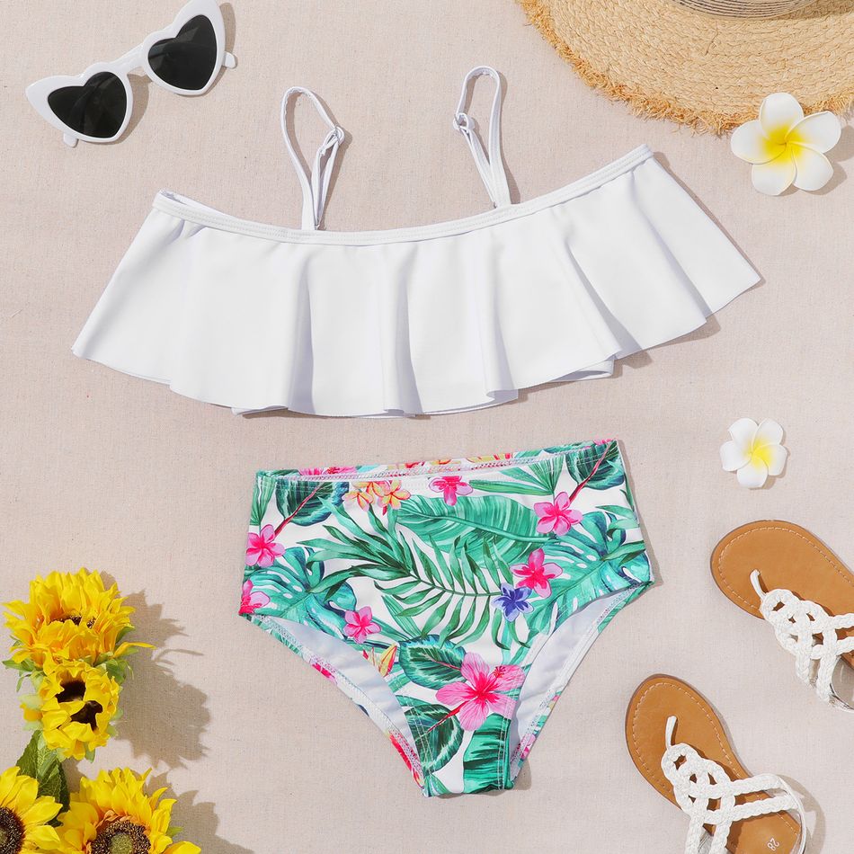 2Pcs Kid Girl Floral & Tropical Print Ruffle Two-Piece Swimsuit White big image 1