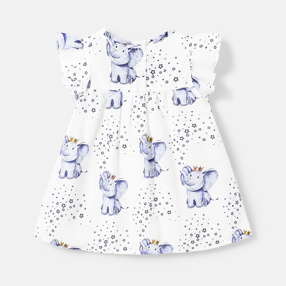 Baby Girl Allover Elephant & Star Print Flutter-sleeve Dress White big image 2