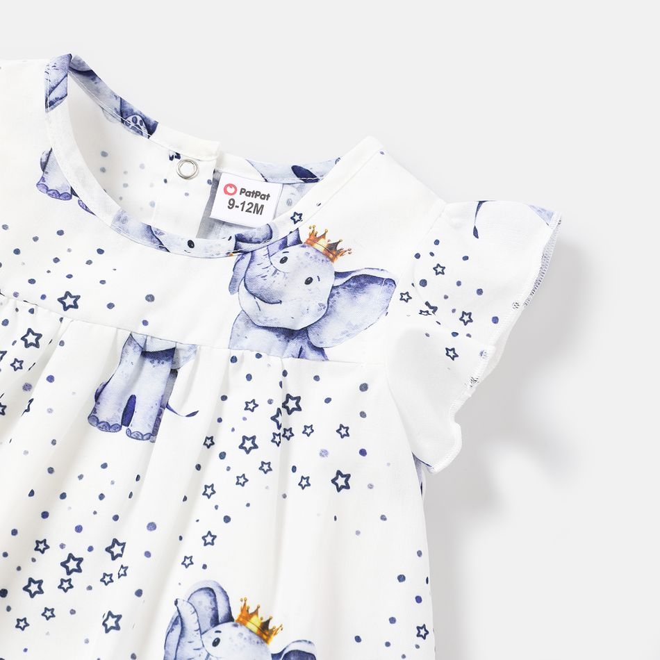 Baby Girl Allover Elephant & Star Print Flutter-sleeve Dress White big image 3