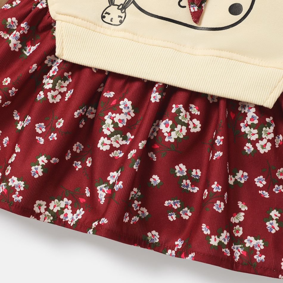 Baby Girl Rabbit Graphic Floral Print Hem Long-sleeve Faux-two Dress WineRed