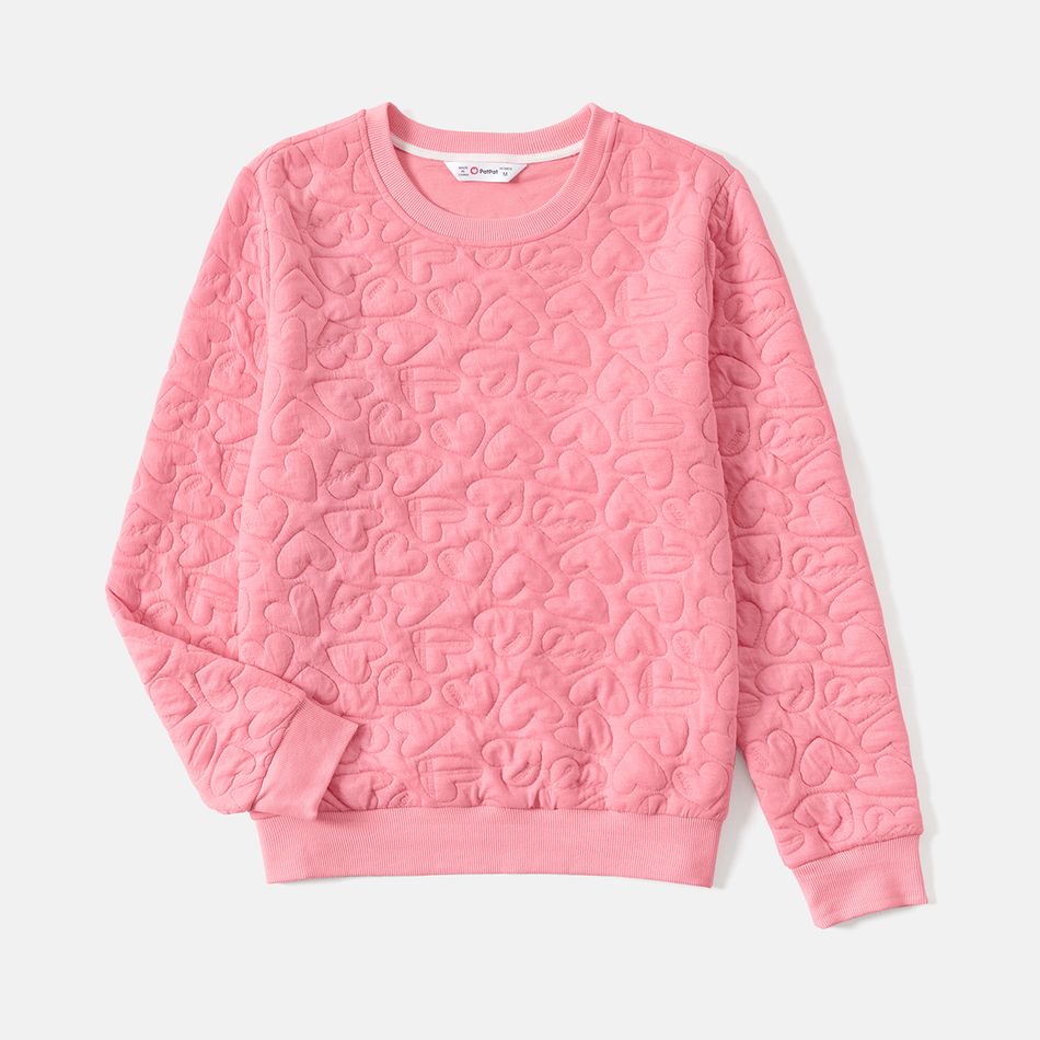 Valentine's Day Mommy and Me Long-sleeve Pink Heart Textured Sweatshirts Pink big image 2