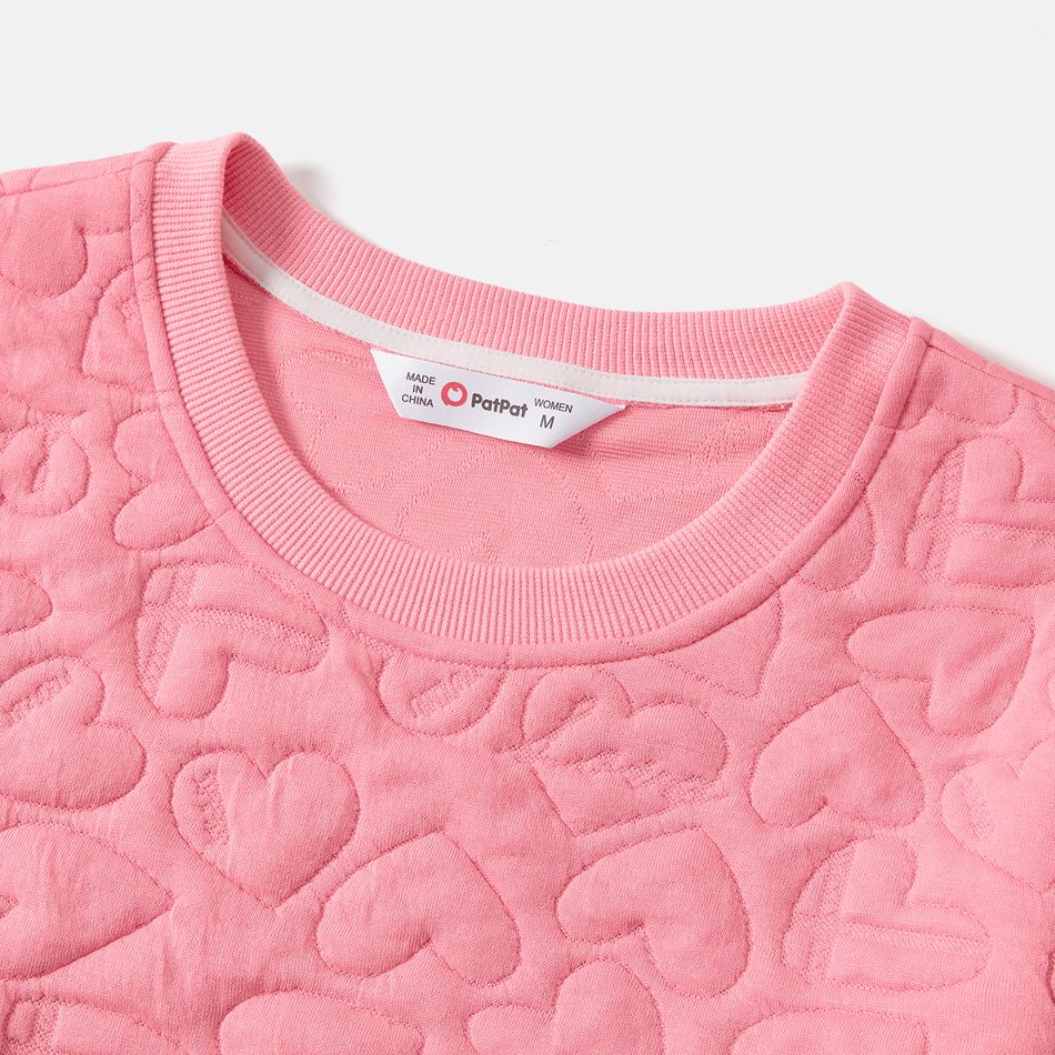 Valentine's Day Mommy and Me Long-sleeve Pink Heart Textured Sweatshirts Pink big image 3