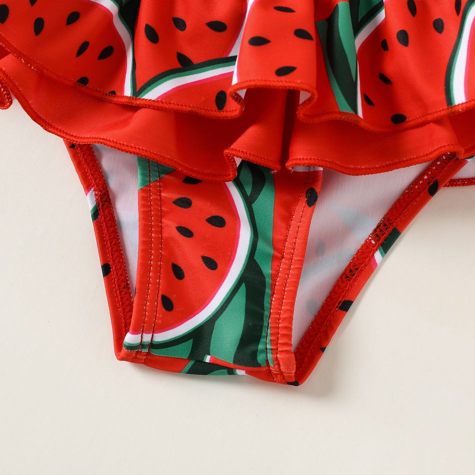 3pcs Baby Girl Watermelon Print Ruffle Trim Swimwear Set Red big image 5