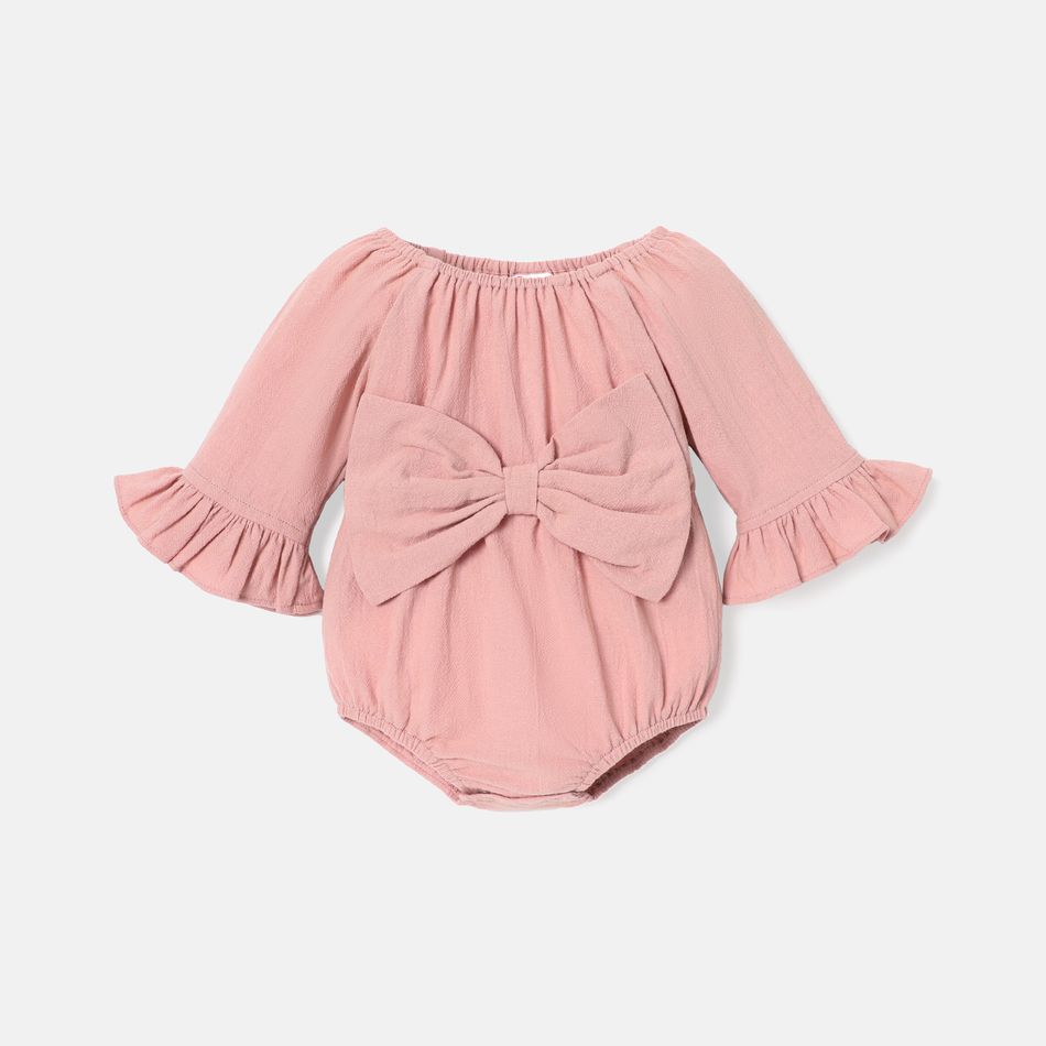 Baby Girl 100% Cotton Solid Color Bowknot Design 3/4 Sleeve Rompers Dark Pink big image 1