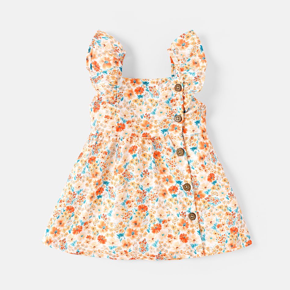 Baby Girl 100% Cotton Solid or Striped/Floral-print Flutter-sleeve Button Front Dress Colorful big image 1