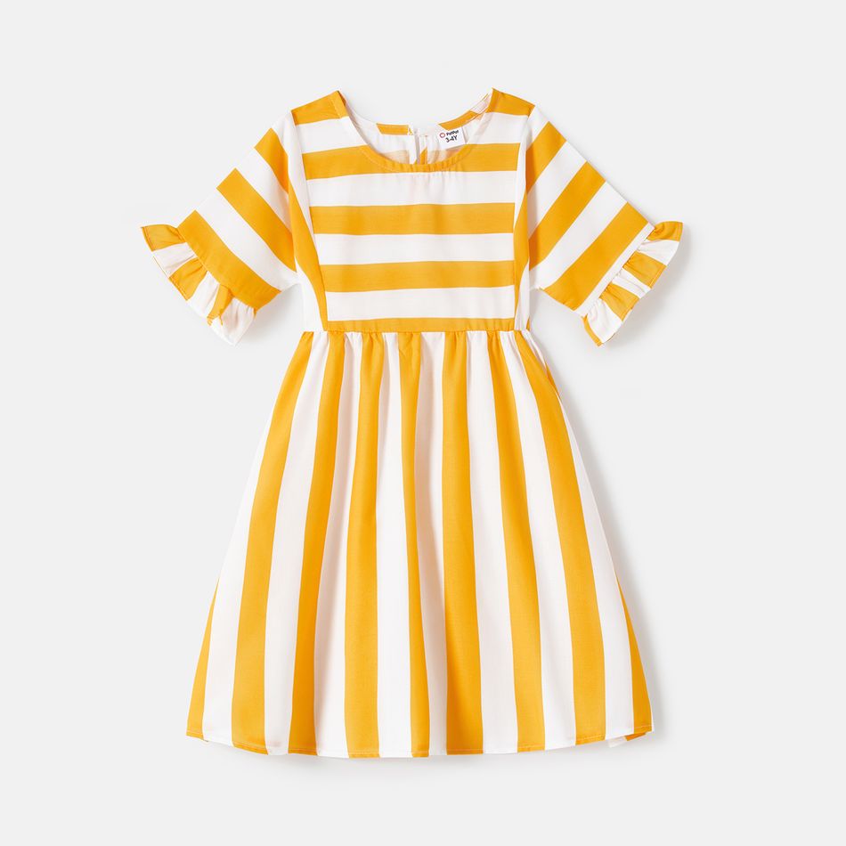Mommy and Me Yellow Striped Ruffle Trim Short-sleeve A-line Dresses yellowwhite big image 7