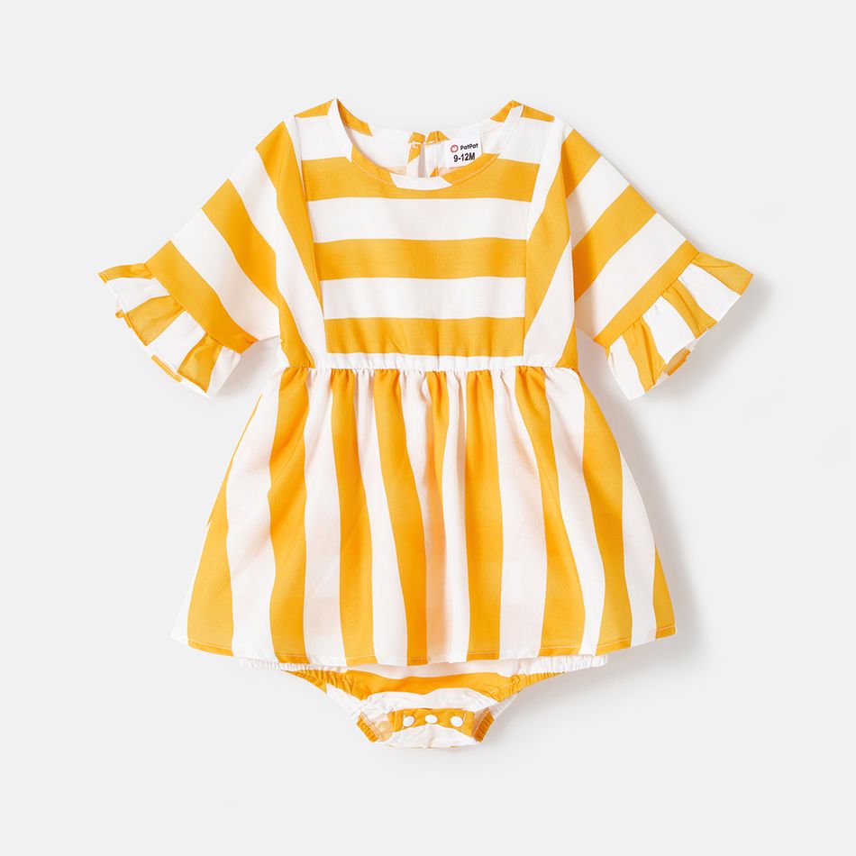 Mommy and Me Yellow Striped Ruffle Trim Short-sleeve A-line Dresses yellowwhite big image 10