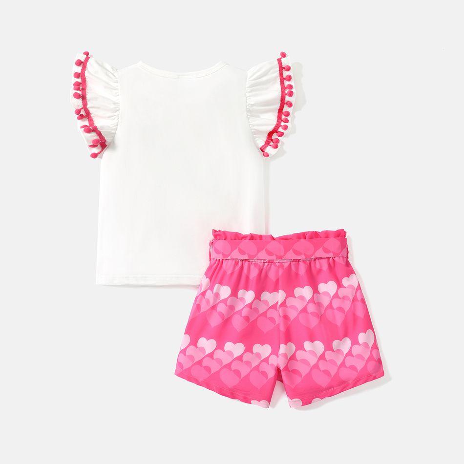 L.O.L. SURPRISE! 2pcs Kid Girl Pompom Design Cotton Flutter-sleeve Tee and Heart Print Belted Shorts Set White big image 3