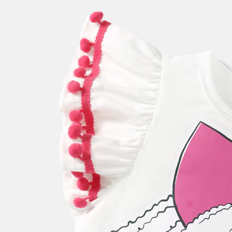 L.O.L. SURPRISE! 2pcs Kid Girl Pompom Design Cotton Flutter-sleeve Tee and Heart Print Belted Shorts Set White big image 4