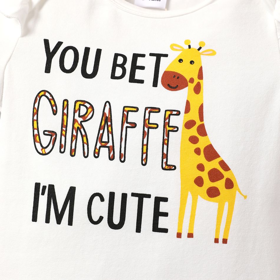 3pcs Baby Girl Cotton Short-sleeve Giraffe & Letter Graphic Romper and Bow Front Naia Bloomer Shorts & Headband Set yellowwhite big image 4