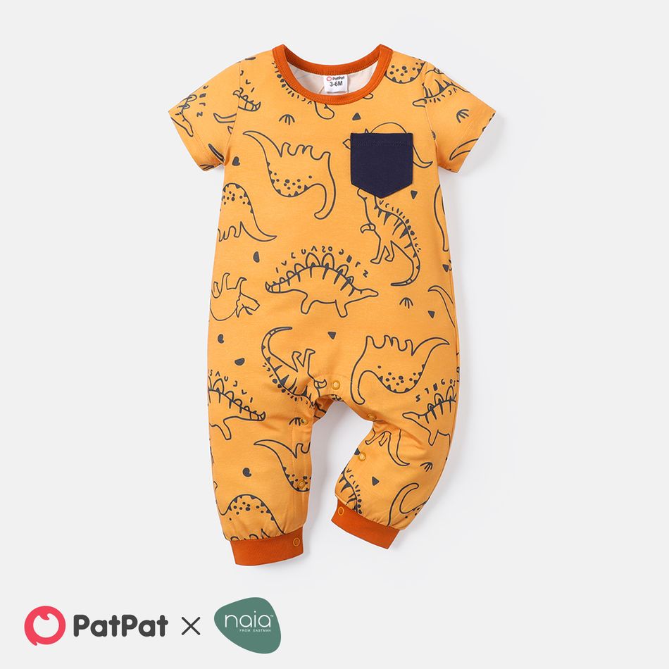 Naia™ Baby Boy Allover Dinosaur Print Short-sleeve Jumpsuit with Pocket Orangebrown