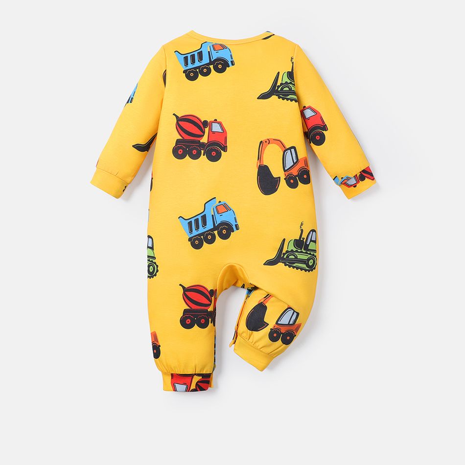 Baby Boy Allover Construction Vehicle Print Long-sleeve Naia Jumpsuit Yellow big image 2