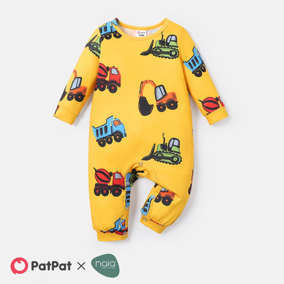 Baby Boy Allover Construction Vehicle Print Long-sleeve Naia Jumpsuit Yellow big image 1