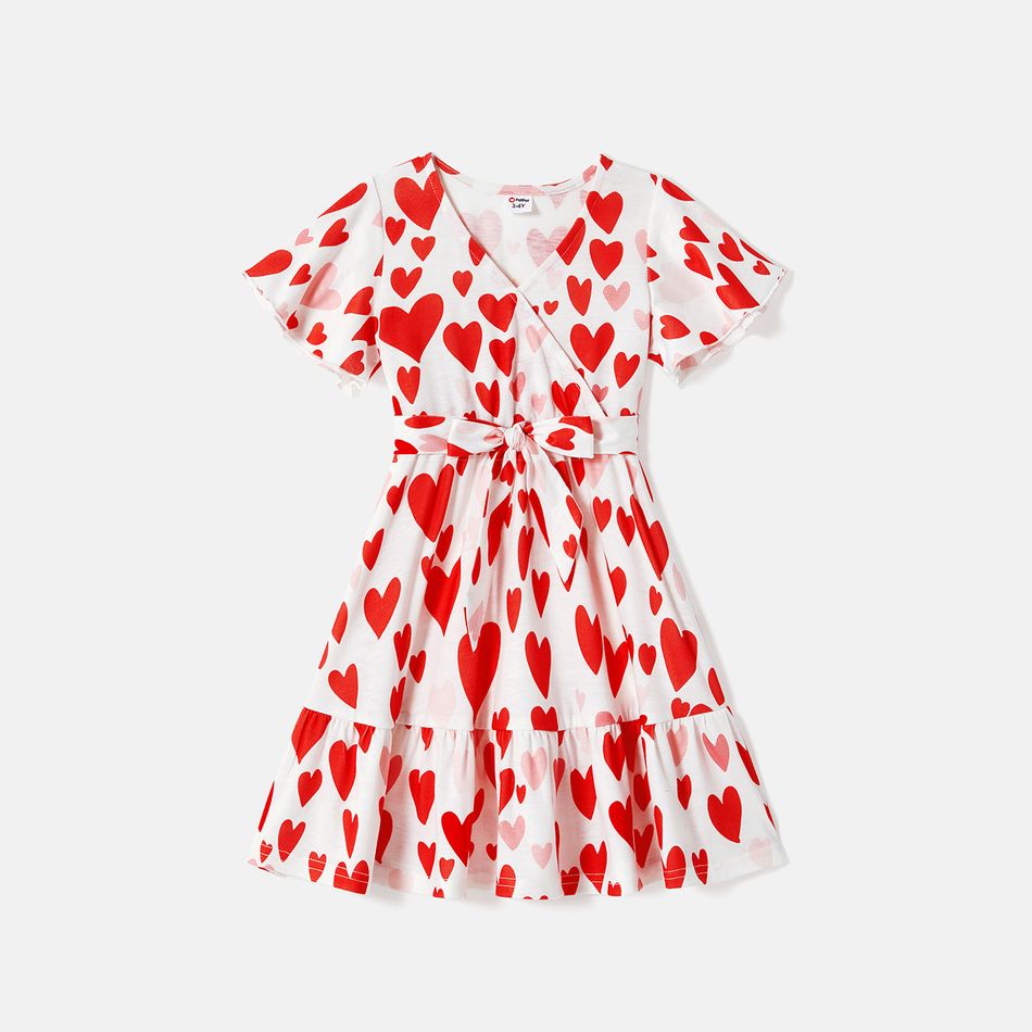 Valentine's Day Family Matching Allover Red Heart Print Surplice Neck Ruffle-sleeve Belted Dresses and Striped Raglan-sleeve Graphic T-shirts Sets REDWHITE big image 6