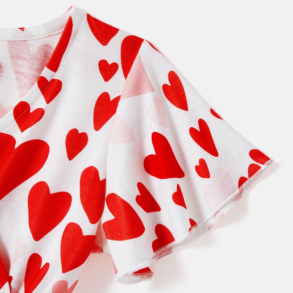Valentine's Day Family Matching Allover Red Heart Print Surplice Neck Ruffle-sleeve Belted Dresses and Striped Raglan-sleeve Graphic T-shirts Sets REDWHITE big image 5