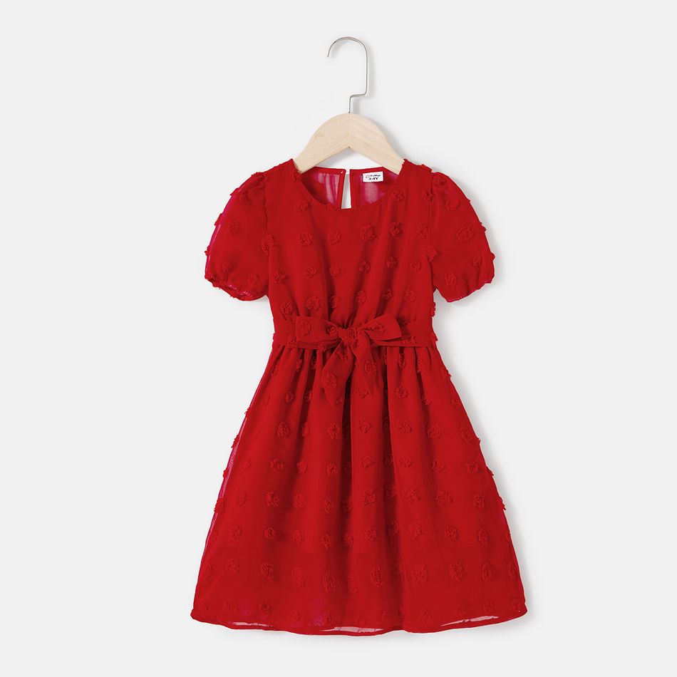 Mommy and Me Red Swiss Dot Sheer Short-sleeve Surplice Neck Belted Dresses Red-2 big image 6