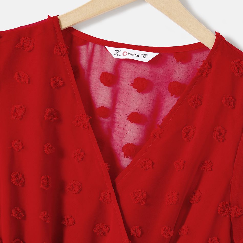 Mommy and Me Red Swiss Dot Sheer Short-sleeve Surplice Neck Belted Dresses Red-2 big image 3