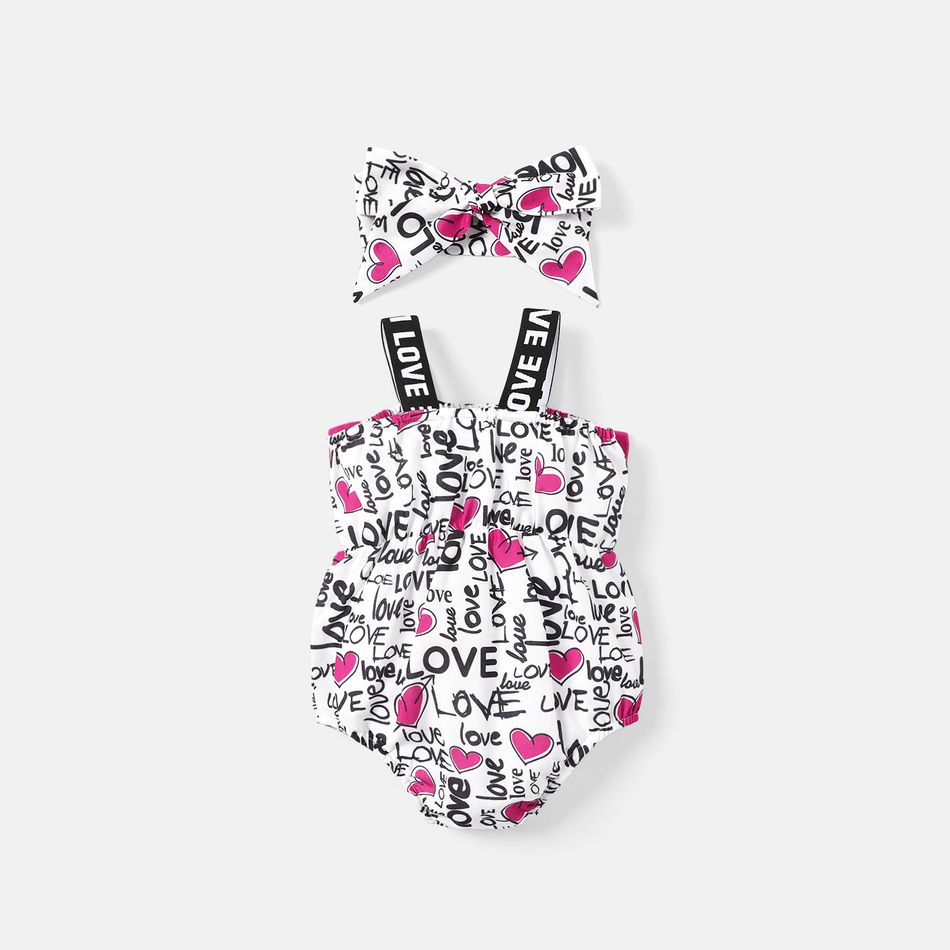 2pcs Baby Girl Allover Heart & Letter Print Bow Front Sleeveless Romper & Headband Set ColorBlock big image 2