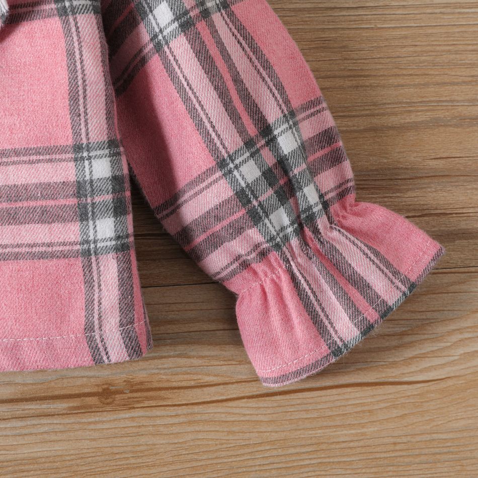 2pcs Baby Girl Plaid Ruffle Collar Long-sleeve Top and Solid Corduroy Overall Dress Set Pink big image 4