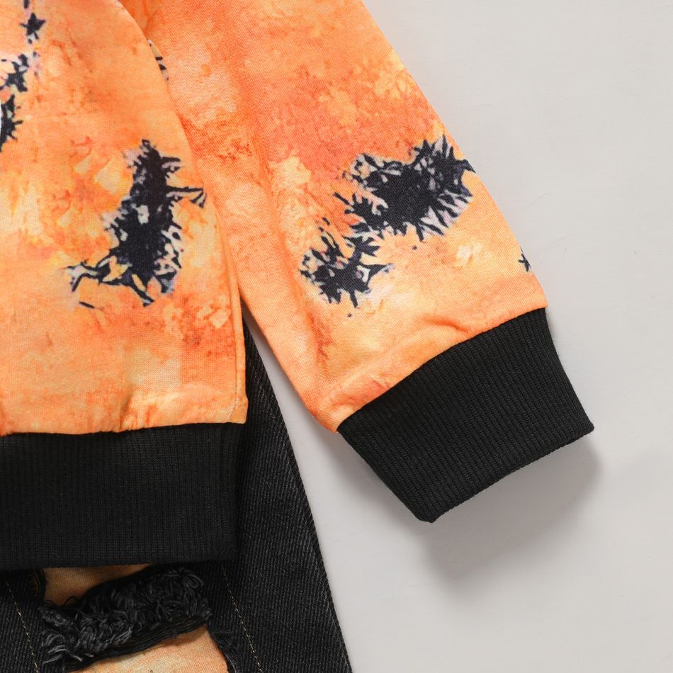 2pcs Baby Boy Letter Print Tie Dye Long-sleeve Hoodie and Ripped Jeans Set Orange big image 4