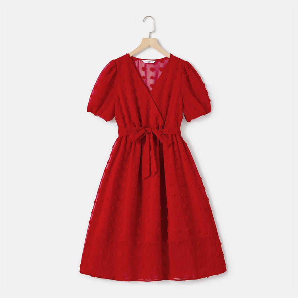 Mommy and Me Red Swiss Dot Sheer Short-sleeve Surplice Neck Belted Dresses Red-2 big image 2
