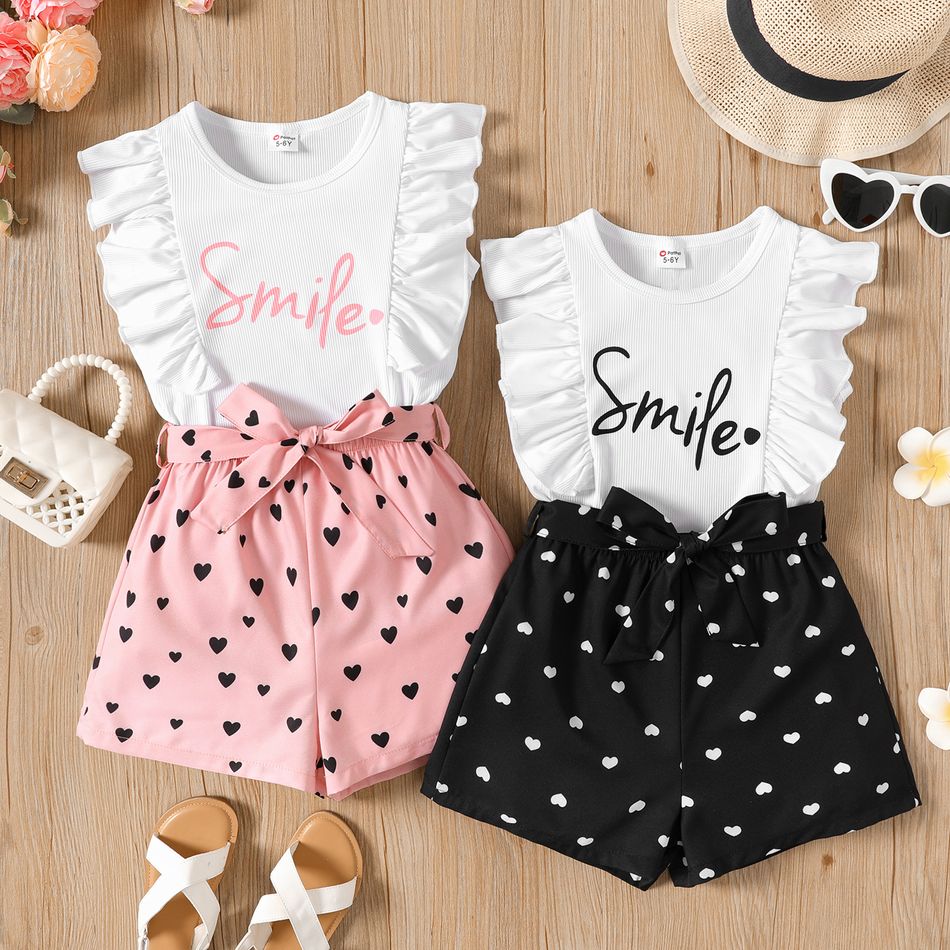 2pcs Kid Girl Letter Print Flutter-sleeve Tee and Heart Print Belted Shorts Set Black big image 2