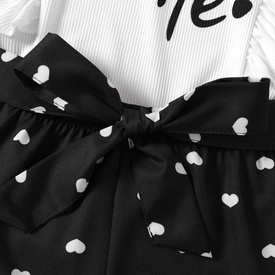 2pcs Kid Girl Letter Print Flutter-sleeve Tee and Heart Print Belted Shorts Set Black big image 5