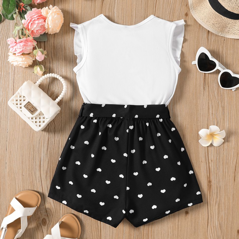 2pcs Kid Girl Letter Print Flutter-sleeve Tee and Heart Print Belted Shorts Set Black