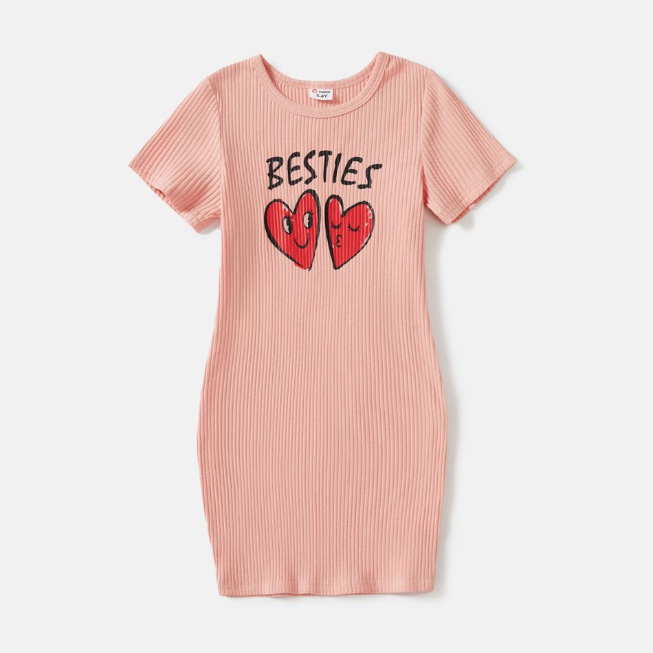 Valentine's Day Mommy and Me Pink Cotton Ribbed Heart & Letter Print Short-sleeve Bodycon Dresses Pink big image 6