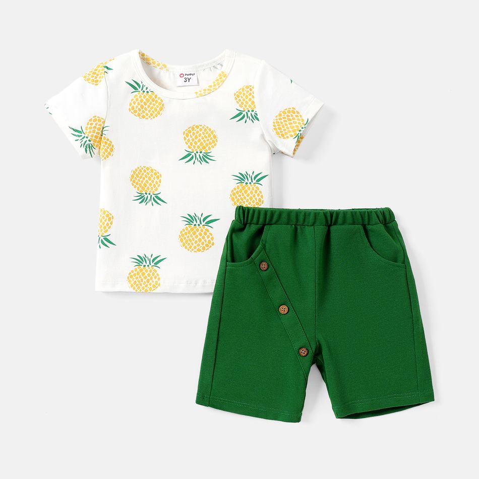 2pcs Toddler Girl/Boy Pineapple Print Short-sleeve Cotton Tee and Button Design Shorts Set Green big image 1