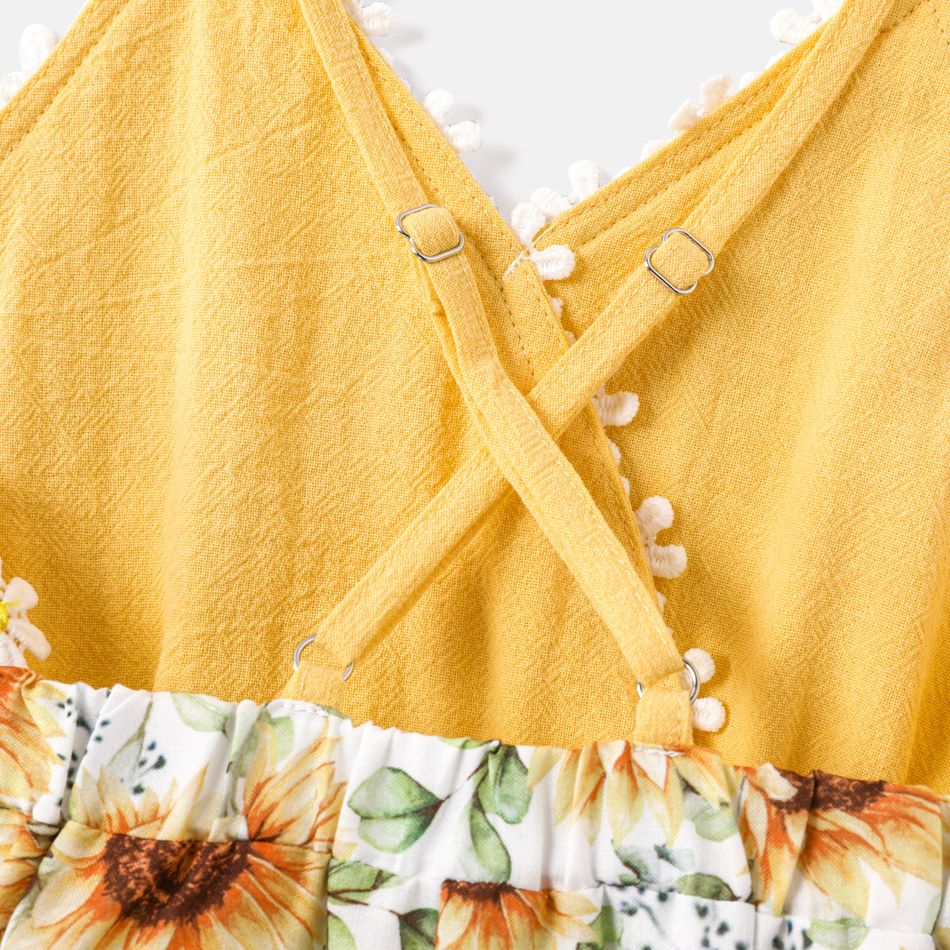 Baby Girl Floral Applique Design Sunflower Print & Solid Spliced Cami Romper Yellow big image 5